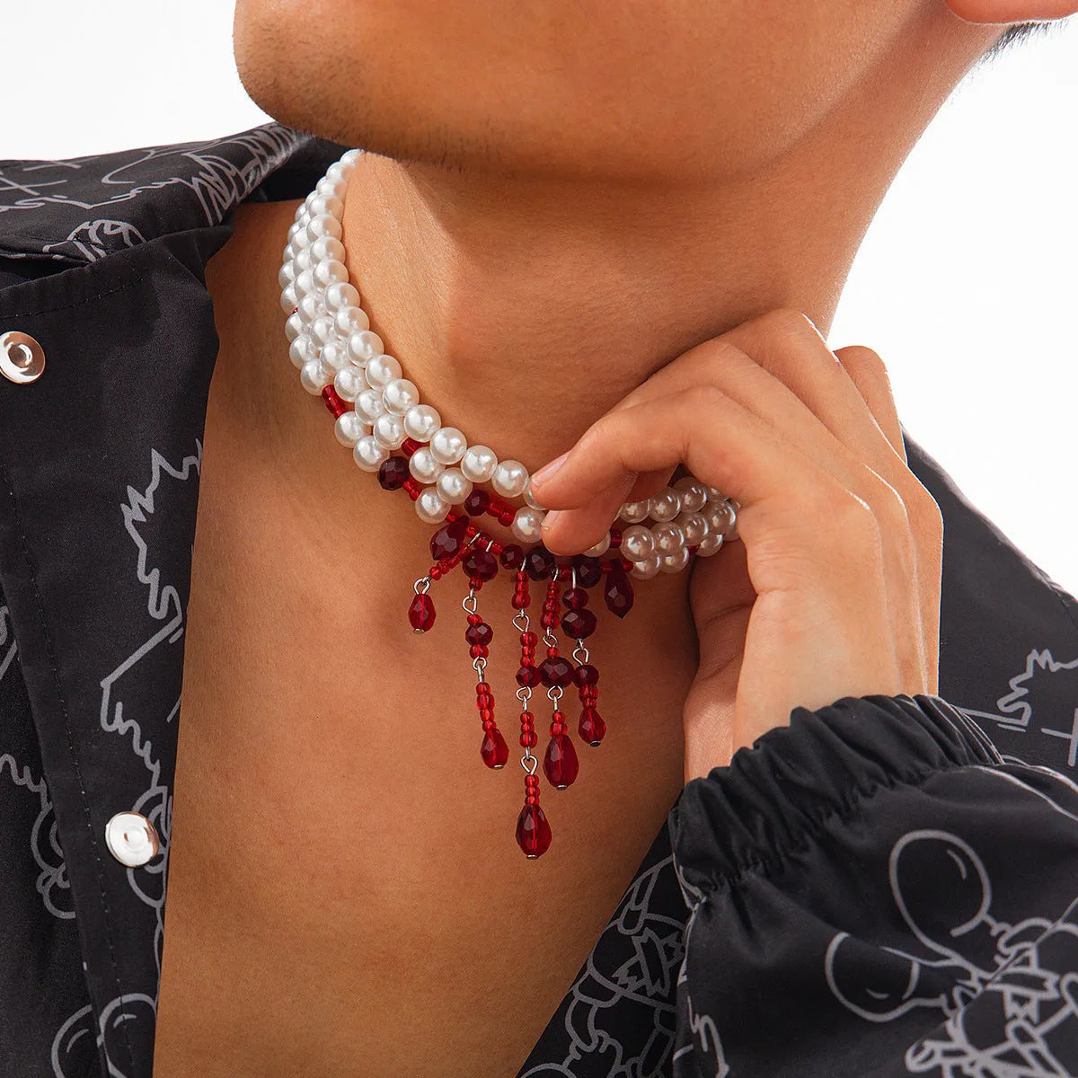 Men's Halloween necklace with geometric blood drop crystal pendant and adjustable chain