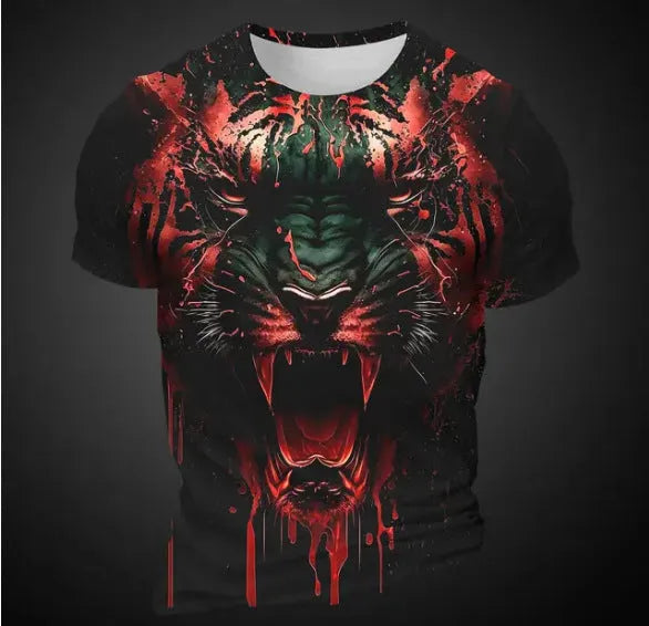 Men's short sleeve T-shirt with 3D tiger pattern digital print on thin polyester bird eye cloth