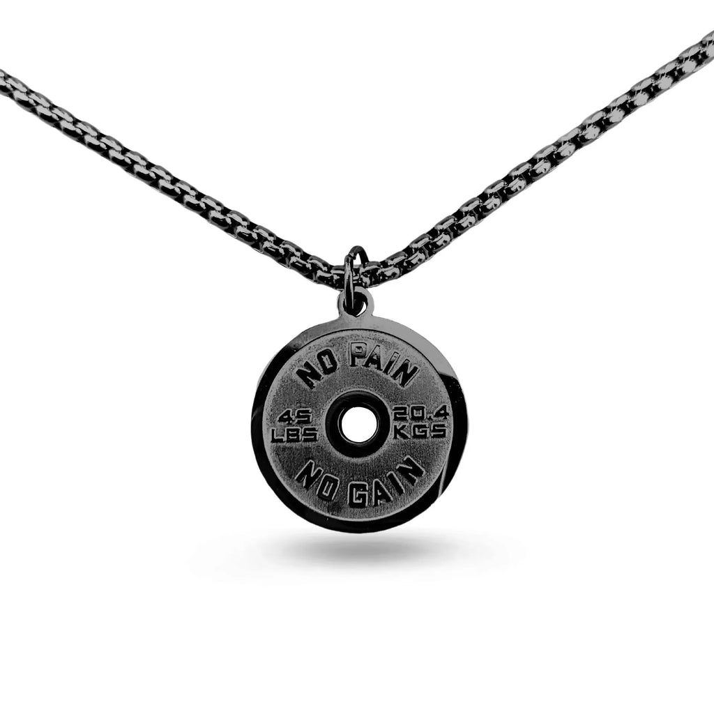 Polished stainless steel barbell disk pendant necklace with a choice of pearl, gold or black 60cm chains.