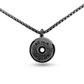 Polished stainless steel barbell disk pendant necklace with a choice of pearl, gold or black 60cm chains.