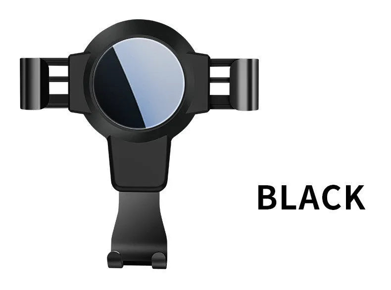 Black S4 gravity mirror car phone bracket attached to a car air conditioning vent, holding a mobile phone.