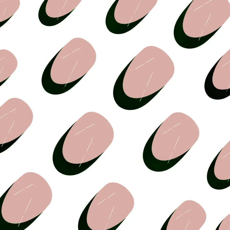 Black French tip false nails in short almond shape, 24 piece set on a white background.