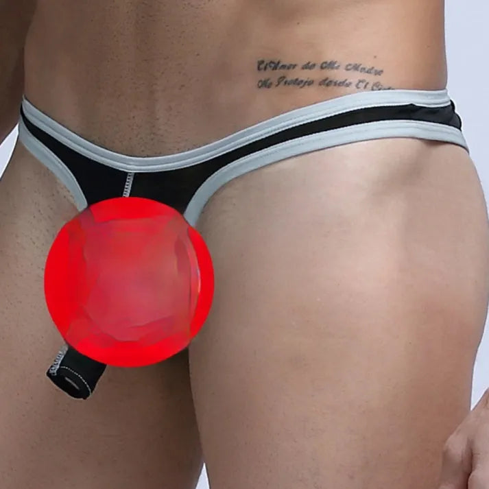Men's ice silk briefs with elephant trunk pouch in seven colour options showing size tags