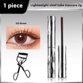Waterproof long thick mascara in a steel tube with black and brown colour options, shown with an eyelash curler.