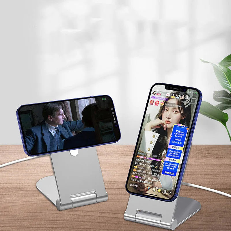 Silver vertical adjustable magnetic phone bracket for iPhone 12 on white background