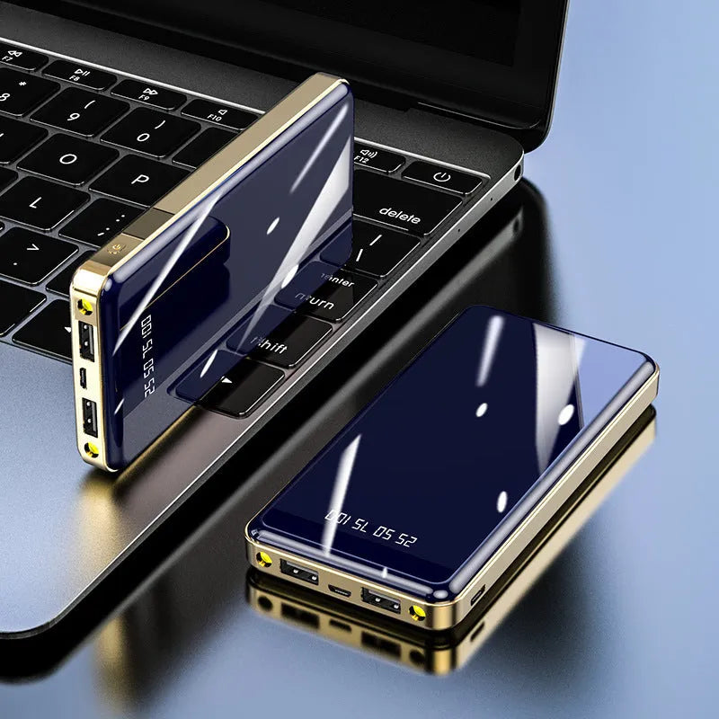 Square aluminium shell power bank with digital display showing 20000mAh capacity