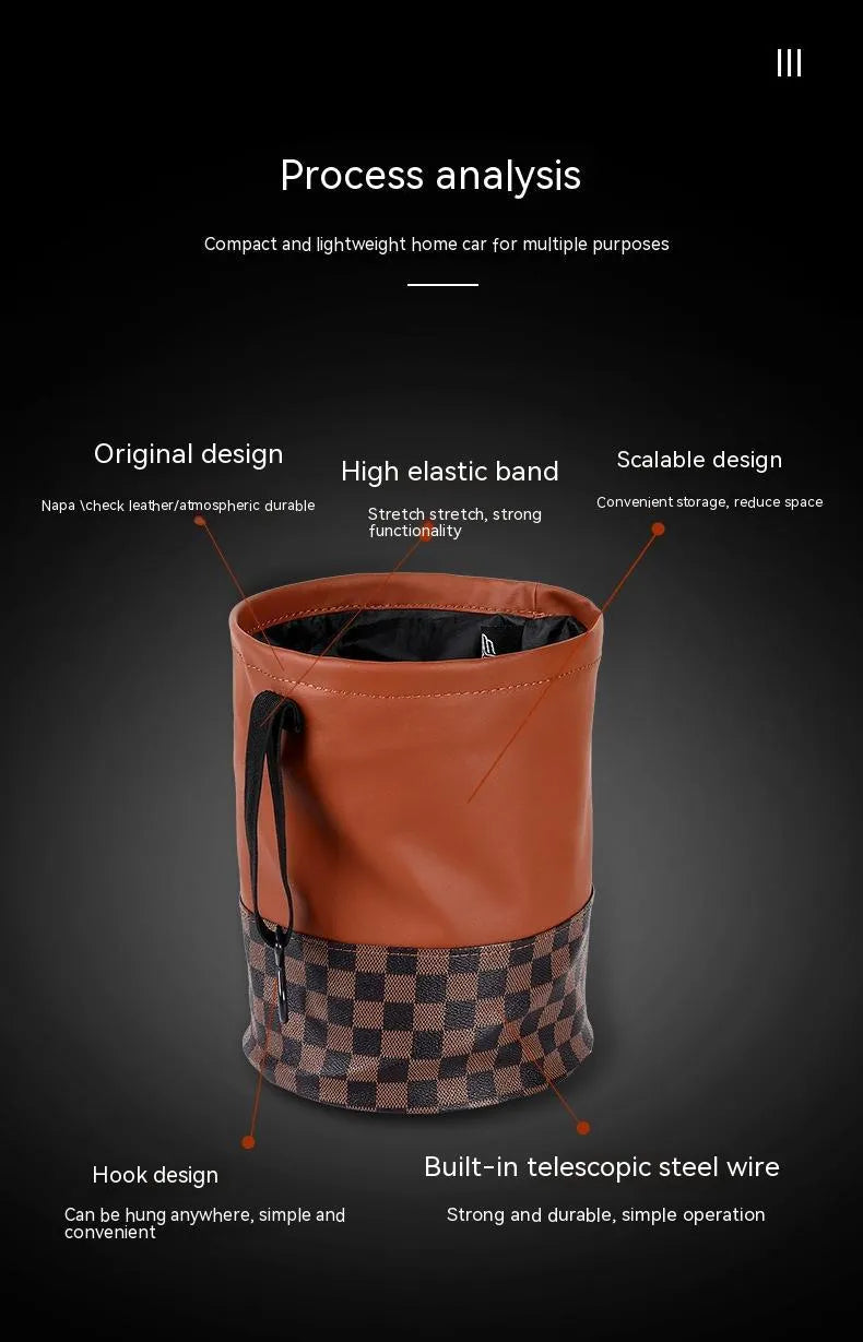Black leather car trash can with handle showing folded and expanded positions for vehicle waste management
