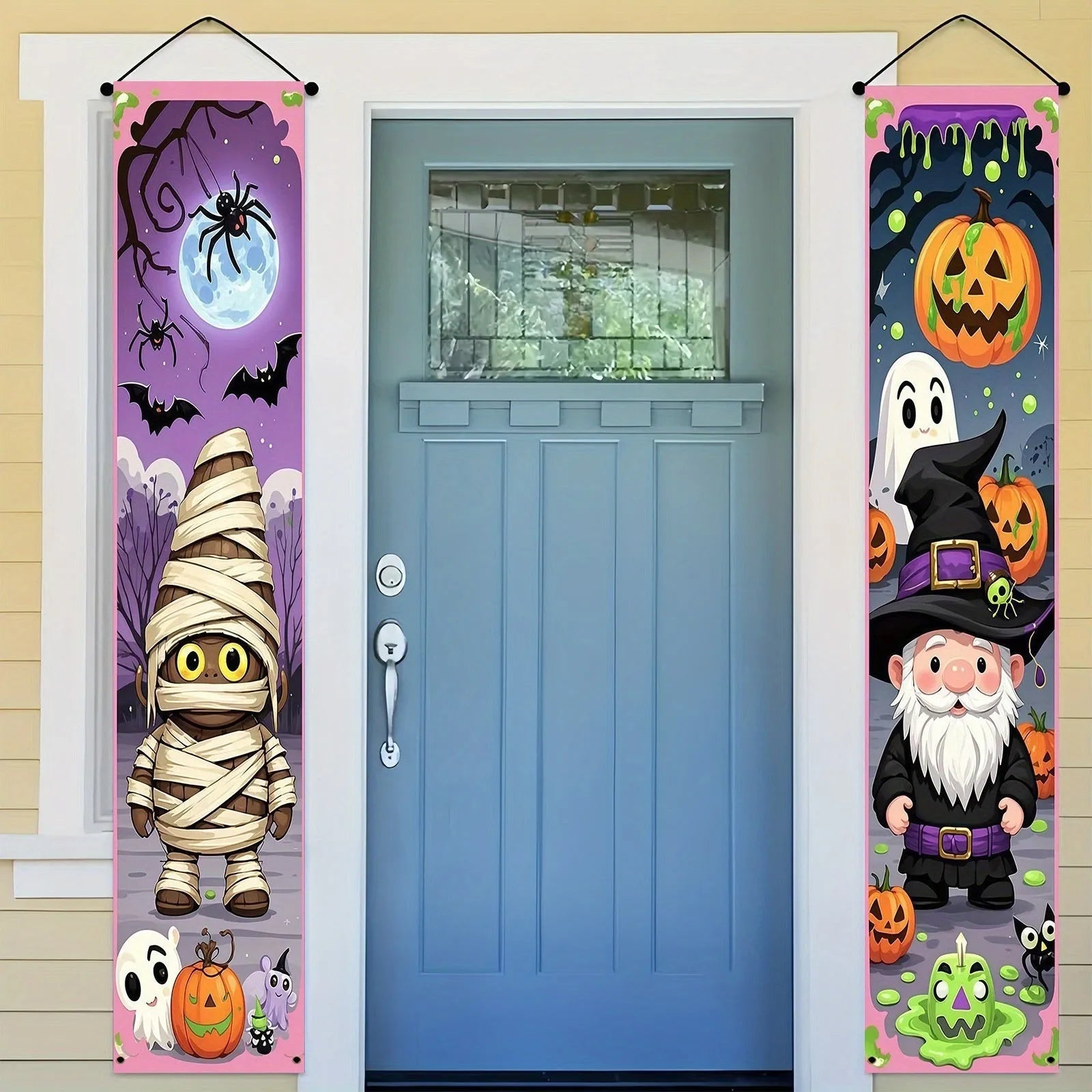 Pair of polyester Halloween couplet banners measuring 30cm by 180cm for door or wall decoration