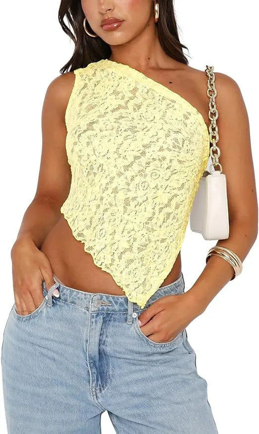 Women's lace backless vest top with asymmetrical neckline in solid colour options