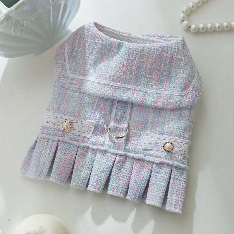 Pink and purple pet clothing garment for a cat or small dog on a white background.
