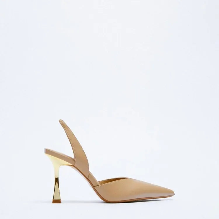 Women's nude pointed patent leather high heels in apricot and black colours with shallow mouth design