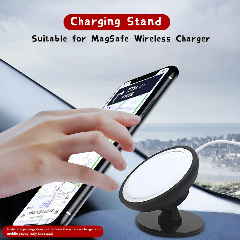 Black magnetic car phone holder mounted on air vent with smartphone attached