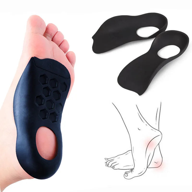 White arch support varus correction insole made from TPR material, shown next to a black and a skin colour version.