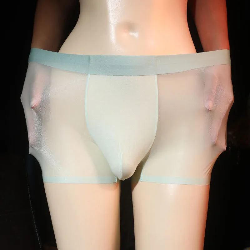 Men's ultra-thin light gray nylon boxer underwear laid flat, showing solid colour design.