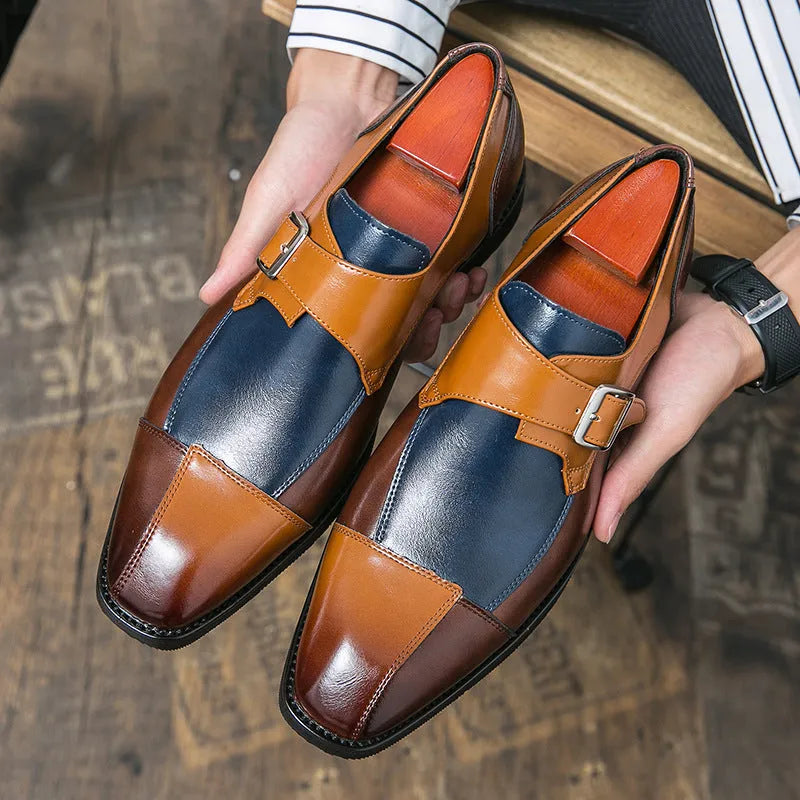 Men's brown blue retro leather shoes with buckle detail and tall crown height