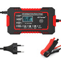 Red American standard car battery charger for lead-acid batteries with on-screen display, 213 x 110 x 64 mm