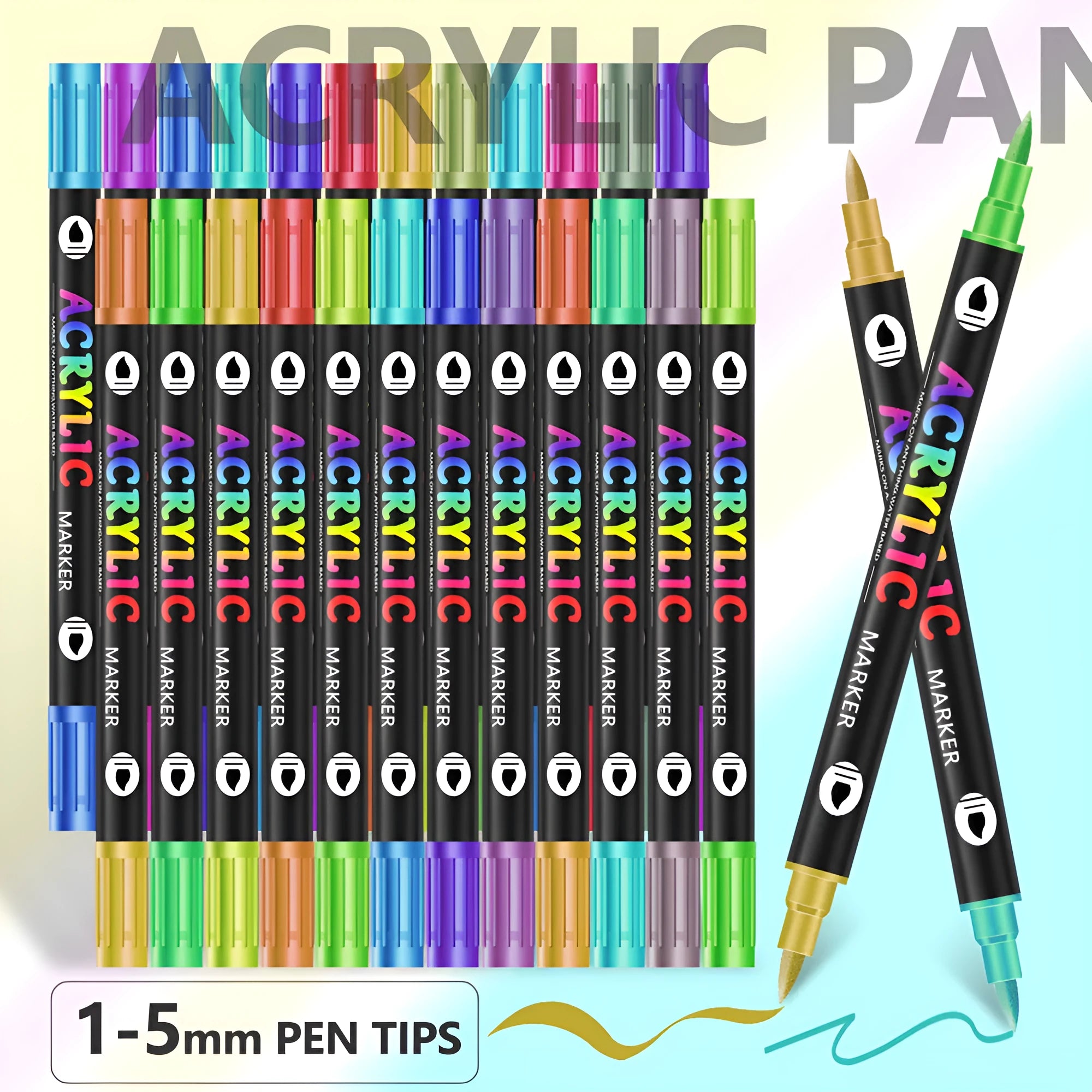 Set of double-headed acrylic marker pens with vibrant, opaque, washable ink in a carrying case.
