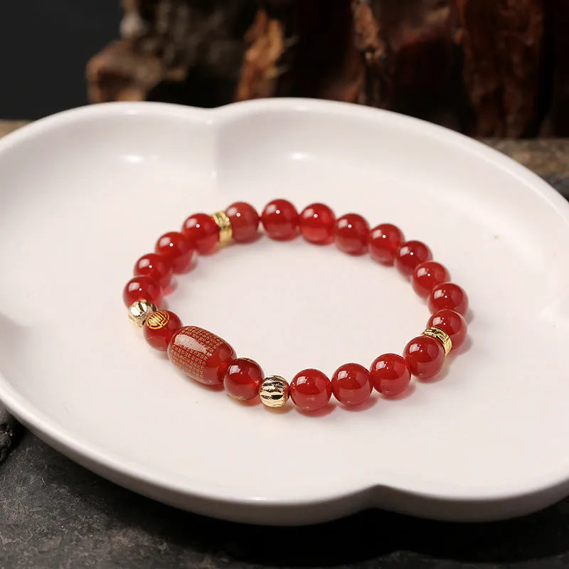 Red Agate Guanyin Bracelet with edge rosary design and auspicious patterns in New Chinese style