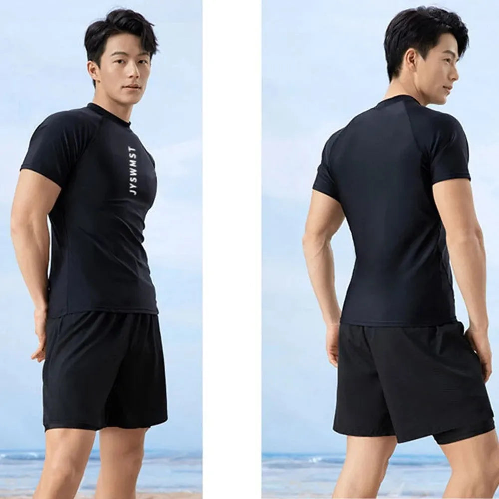 Men's plus size polyester swimsuit set showing top and swimming trunks in various patterns and colours