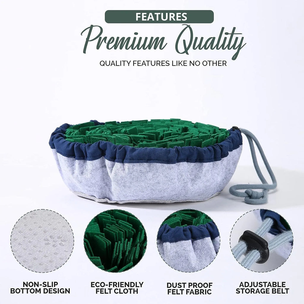 Adjustable blue dog snuffle mat with puzzle compartments for treat hiding and slow feeding