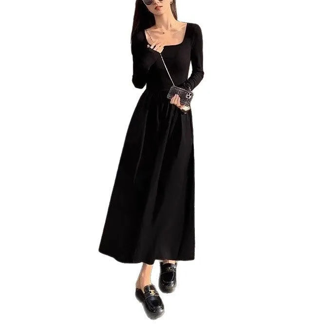 Women's square collar knitted dress with elastic waist and a-line long skirt