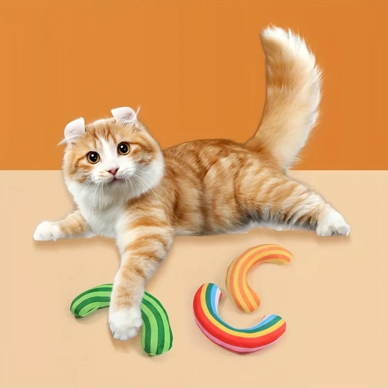 Striped pattern cat pillow toys with noise-making features and built-in catnip in three colour options