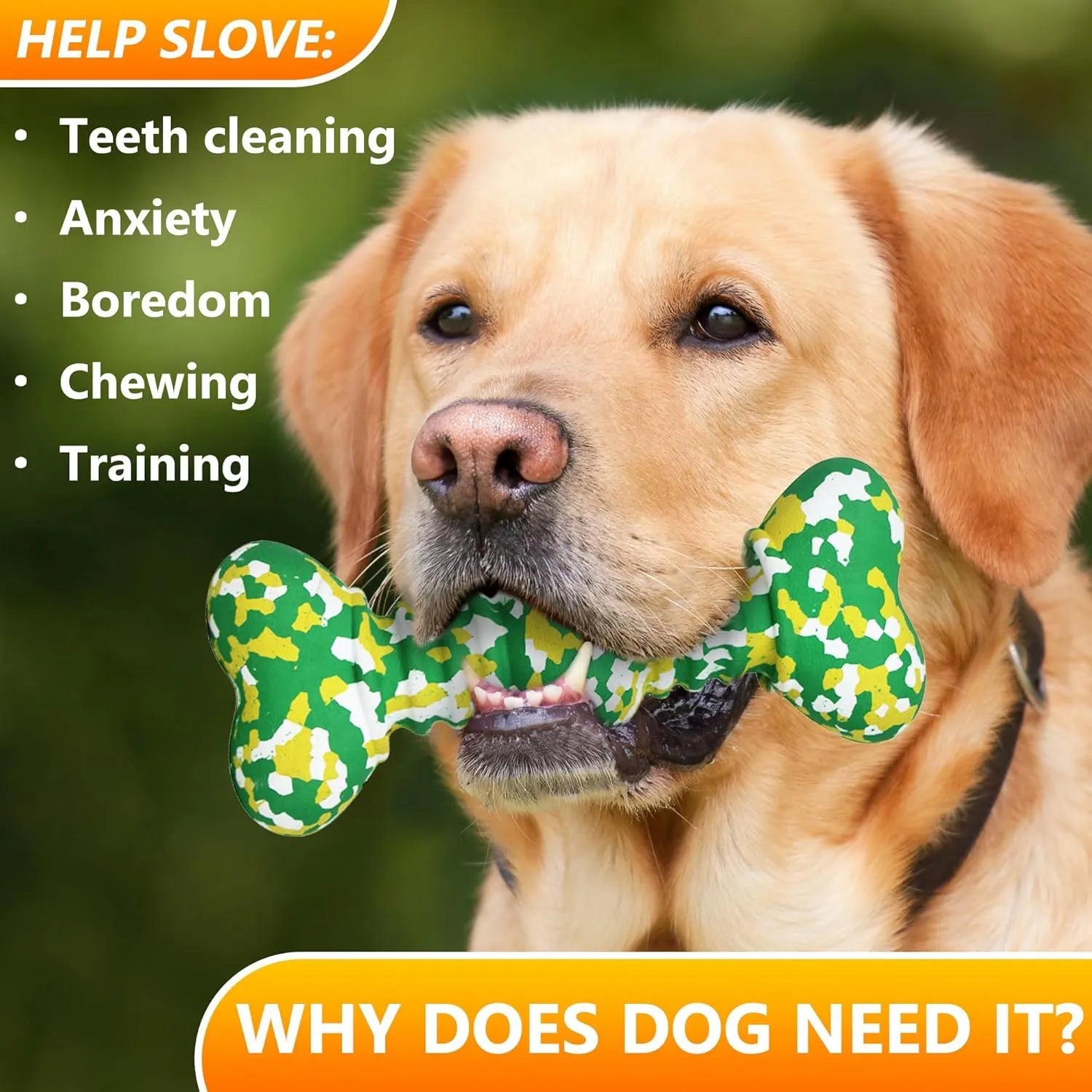 Natural rubber dog chew toy in camouflage pattern with bone shape, shown in green, white and yellow colours