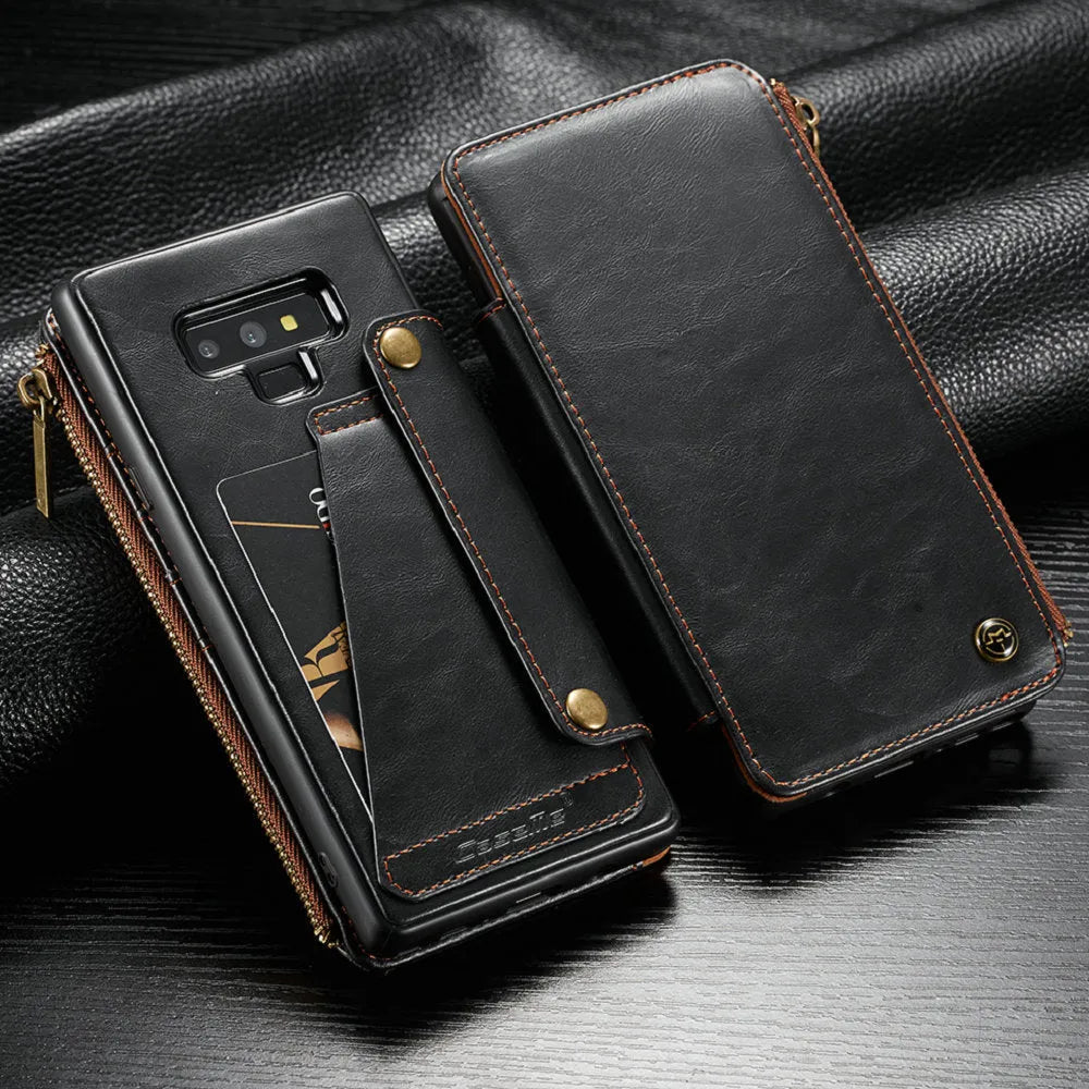 Black PU leather flip phone case open to show Samsung Note9, demonstrating front and back protection.