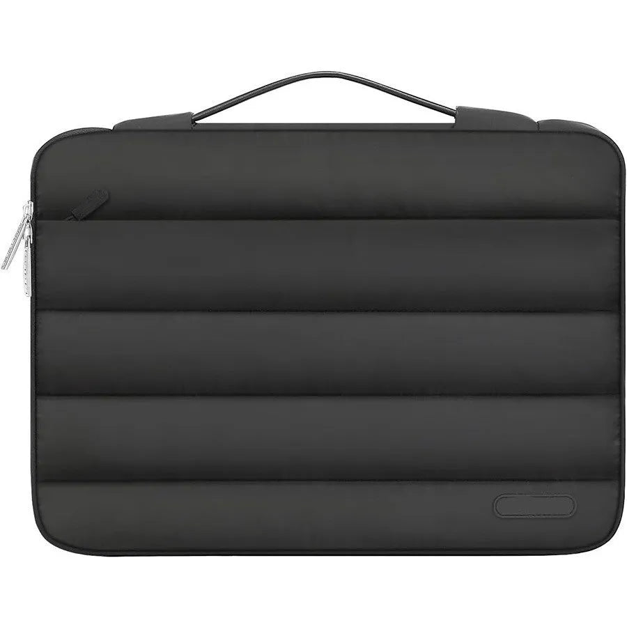 Cotton velvet laptop bag with plaid detail in black, shown next to a laptop
