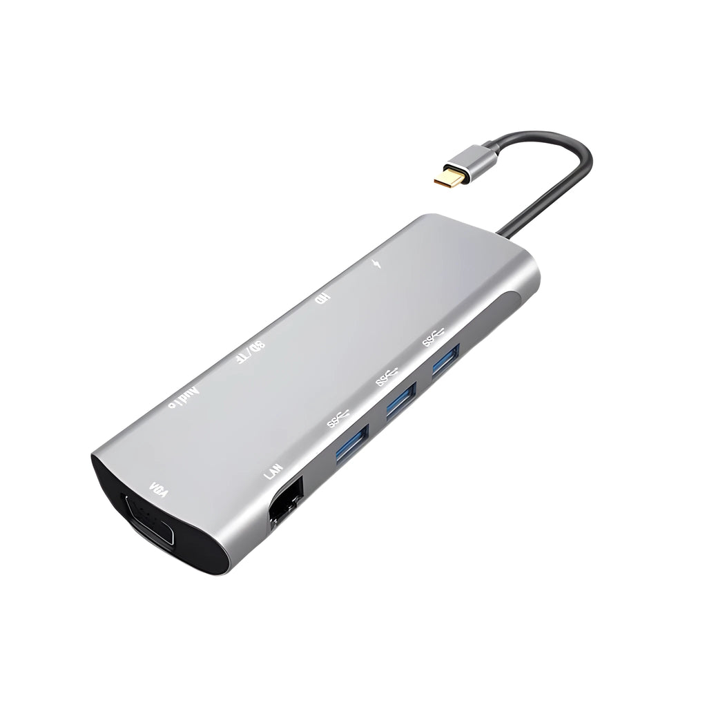 Grey aluminium USB-C docking station with HDMI, VGA, USB 3.0, and PD charging ports