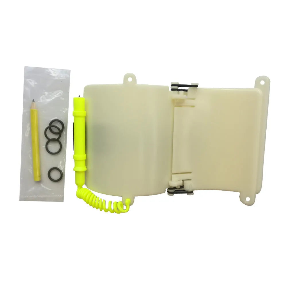 White luminous ABS dive wristboard for underwater handwriting, shown with pencil and O-ring.