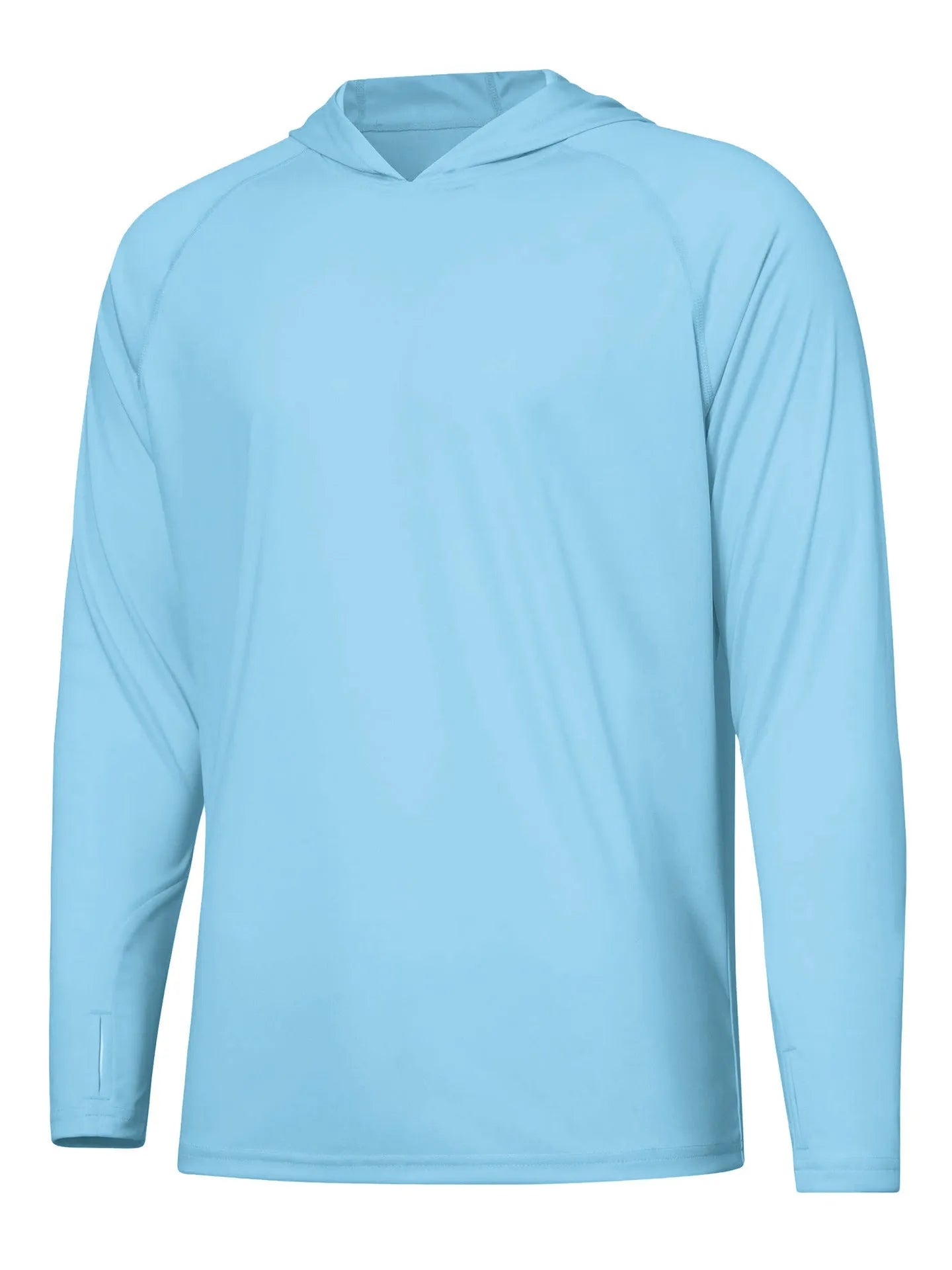 Man wearing a thin grey long sleeve hooded outdoor top for UV protection during fishing or hiking.