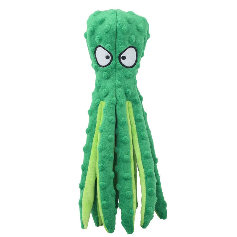 Blue unfilled octopus plush dog toy with crinkle and squeaker sounds on a white background.