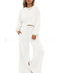 Women's polyester two-piece casual set with long sleeves and trousers in solid colour street hipster style