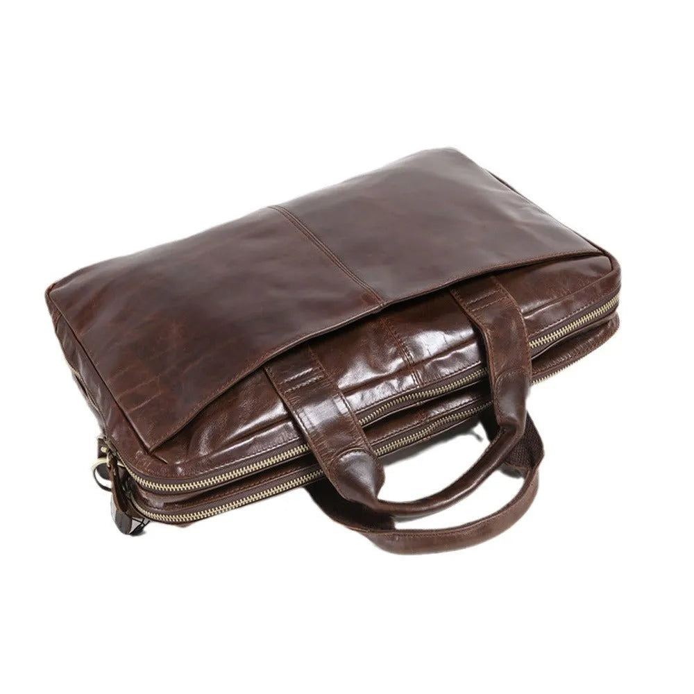 Brown men's business briefcase with 18-inch laptop compartment in first layer cowhide leather