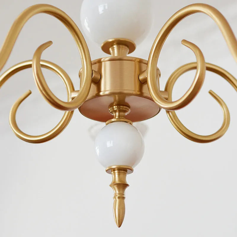 Retro French vintage milk glass and copper chandelier, three-head ceiling light, 45cm diameter, 37cm height, 220V
