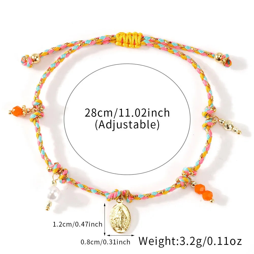 Close-up of a hand-woven colourful braided rope bracelet for women featuring an adjustable carrying strap tag closure.