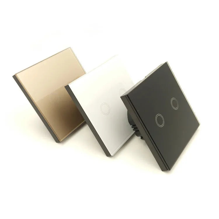 Type 86 touch switch with tempered glass panel in black, golden or white finishes