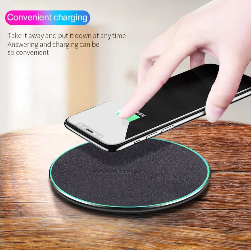 Black Quick Qi wireless charging pad with LED indicator for iPhone 11 and Qi phones