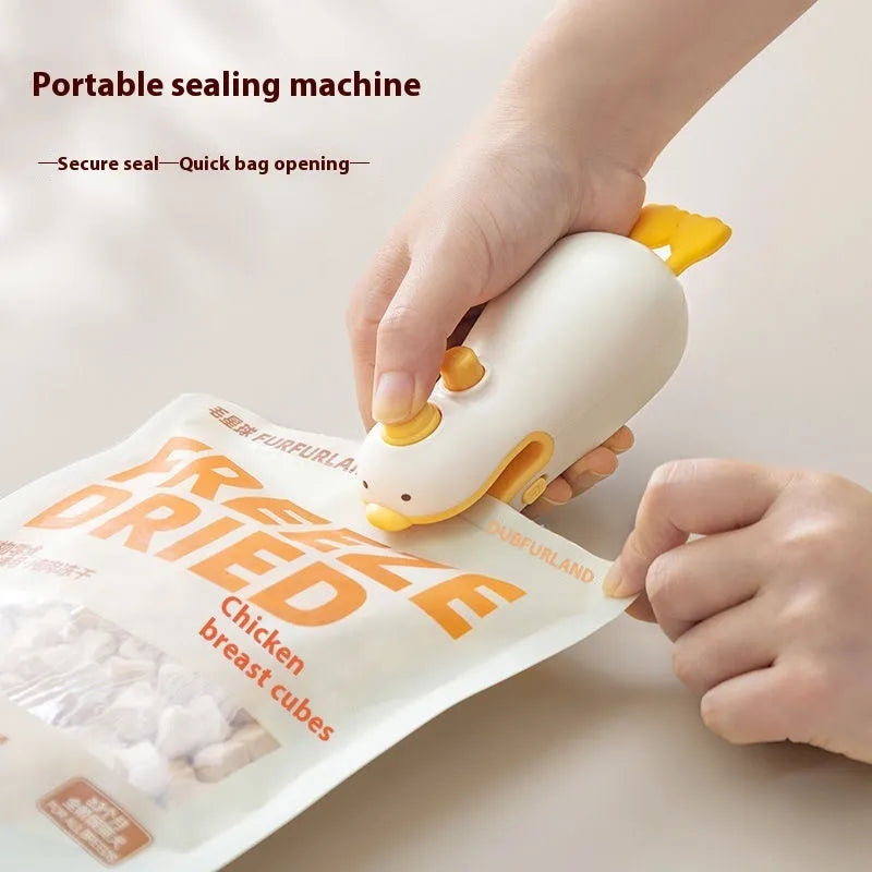 Small yellow duck-shaped rechargeable handheld sealing machine with USB charging cable.