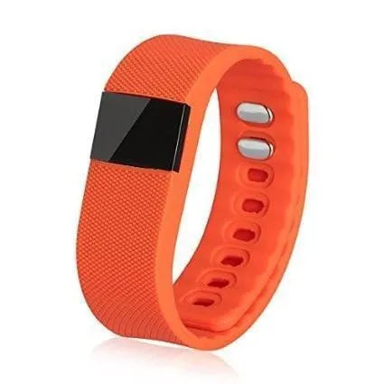 Ordinary plastic and ABS bracelet pedometer on wrist, showing black, blue, green, orange, and yellow colour options.