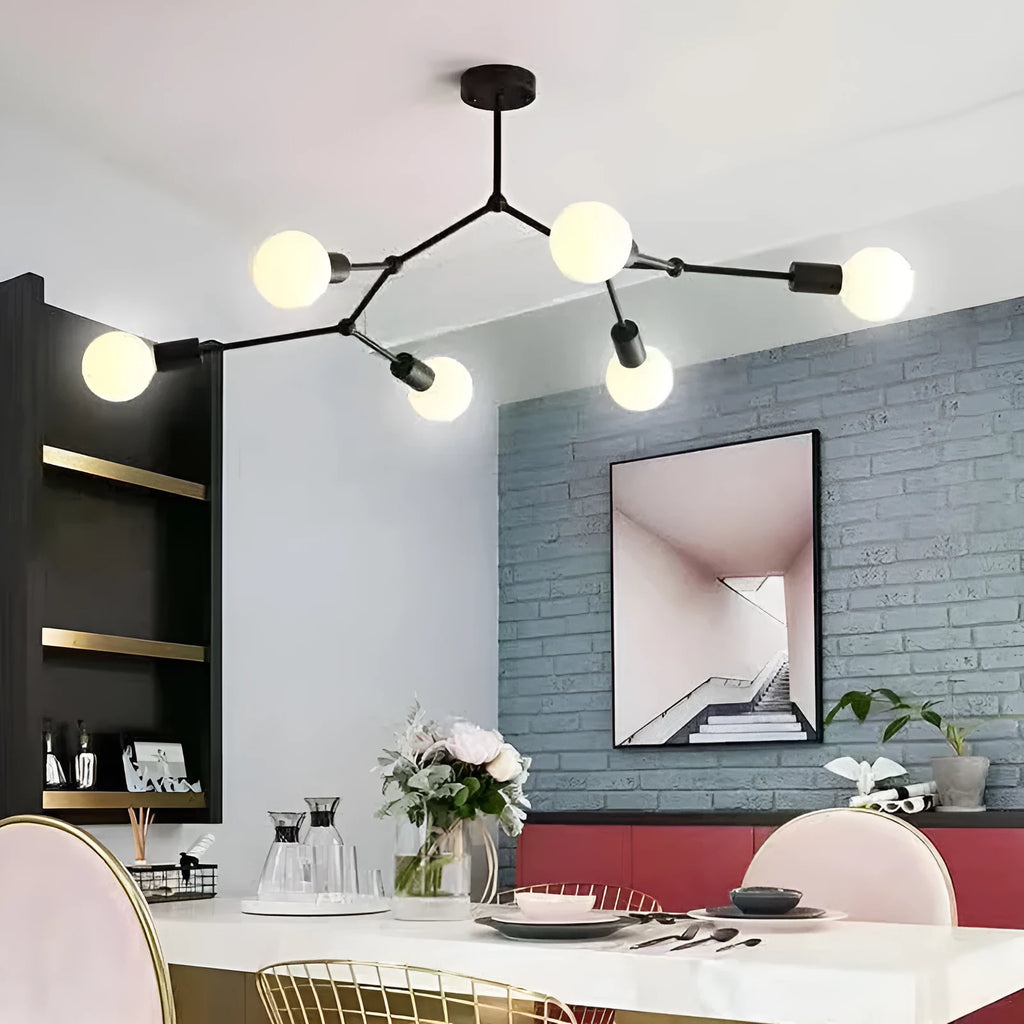 Nordic style iron ceiling chandelier with multiple light arms, in a black finish, mounted on a white ceiling.