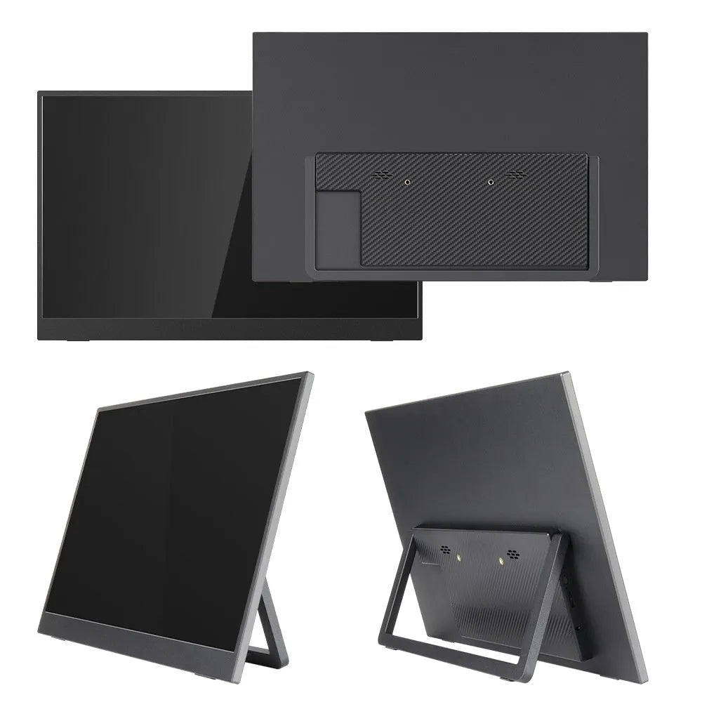 Black 15.6-inch portable monitor with adjustable stand on desk