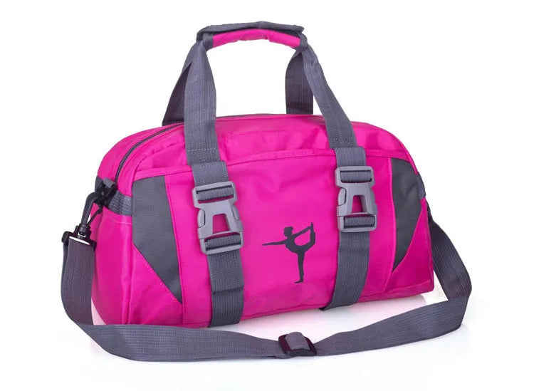 Nylon yoga and gym bag shown in multiple colours including black, blue, green, pink, purple, and red options