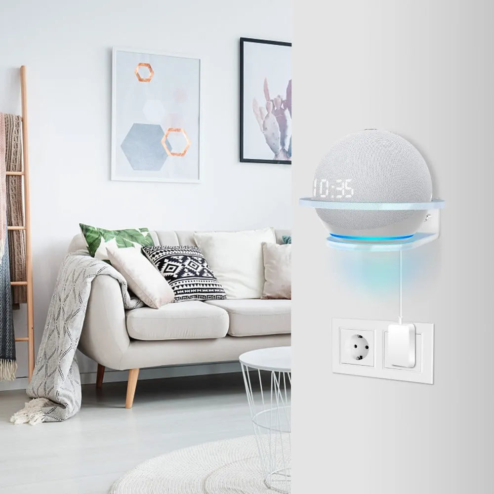 White plastic wall mounting bracket for Amazon Echo Dot 4th generation smart speaker.
