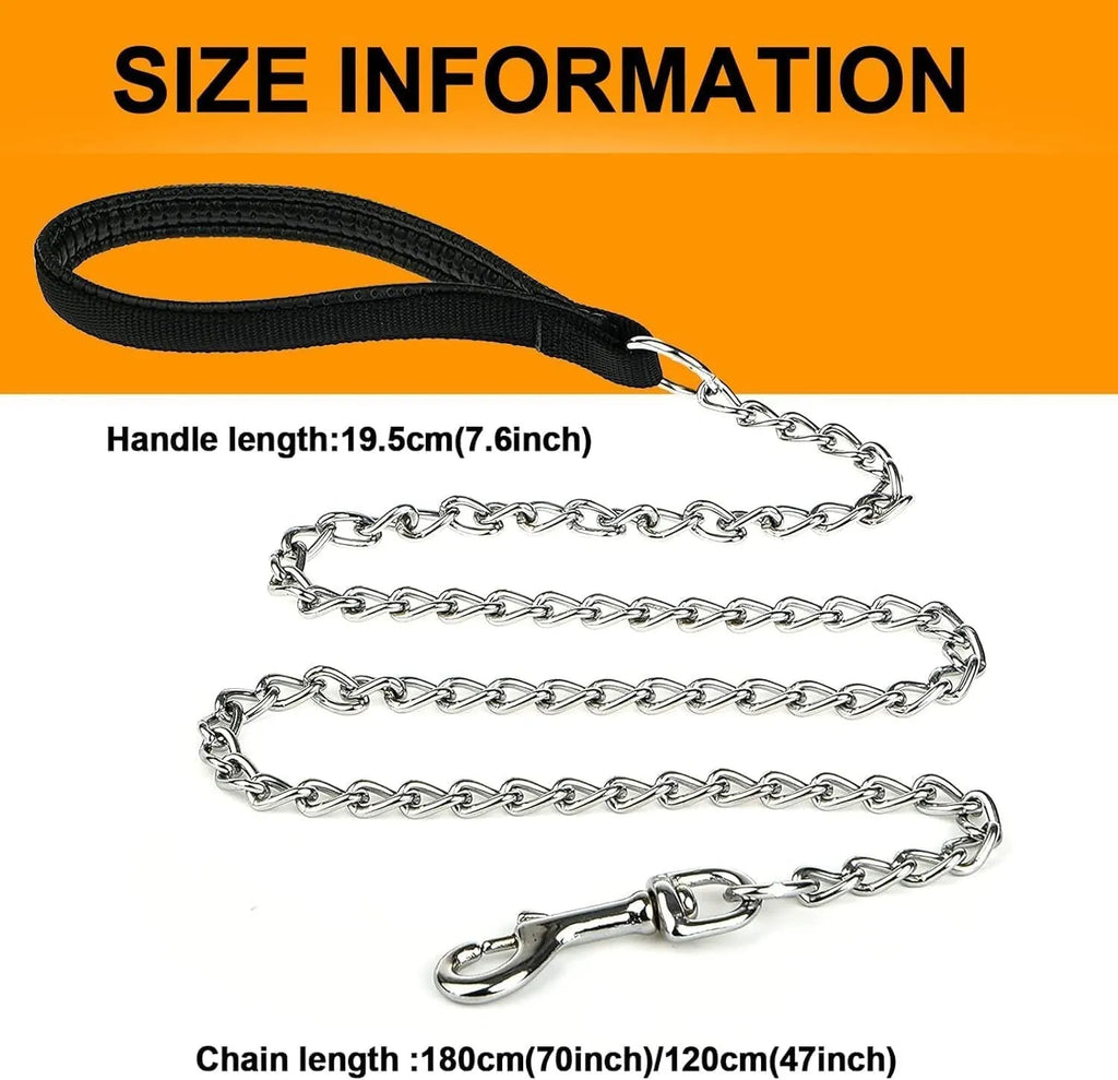 Heavy duty metal dog chain leash with soft black padded handle for large dogs
