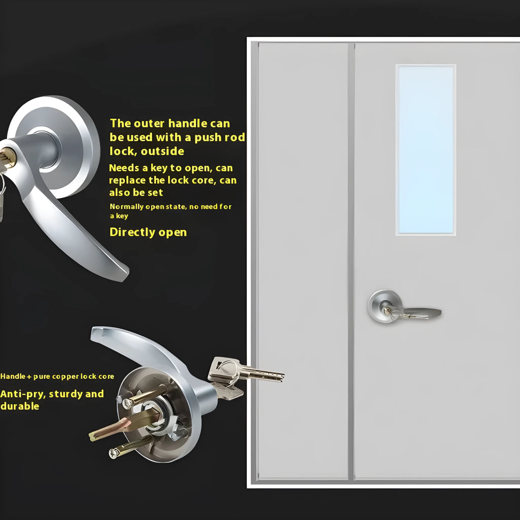 Stainless steel external push lock handle for a 65cm wide fireproof door.