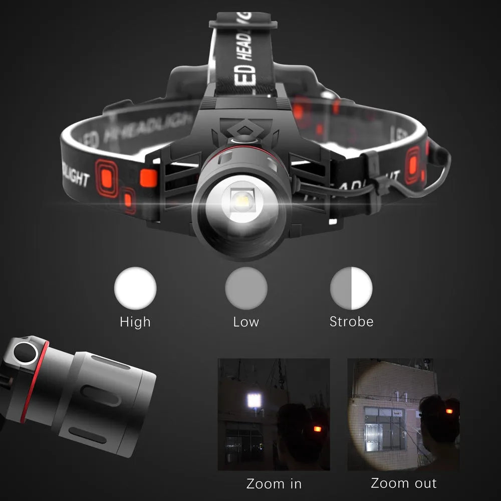 T6 LED zoom headlamp showing white, red, and green light modes on a head strap.