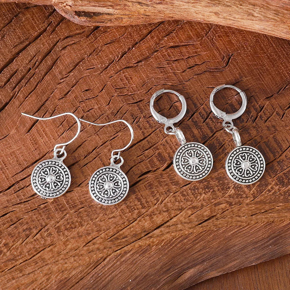 Bohemian retro circular earrings with geometric printed patterns and distressed ethnic detailing in zinc alloy