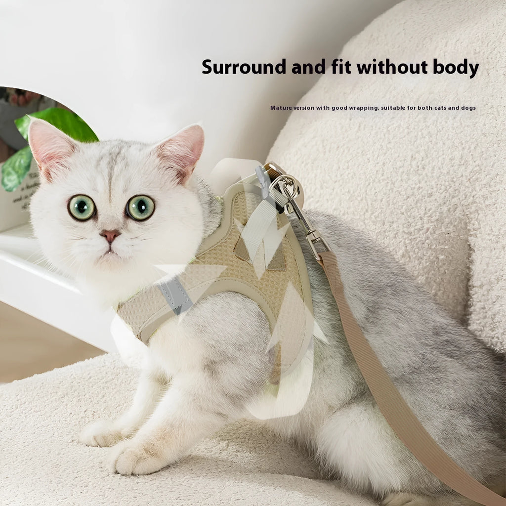 Brown waffle cloth cat harness with chest strap showing leash attachment point